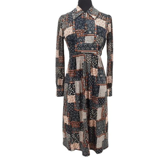 Vintage Dresses & Skirts - VTG 60s Black Brown Stretch Floral Polka Dot Patchwork Print Tie Waist Dress S